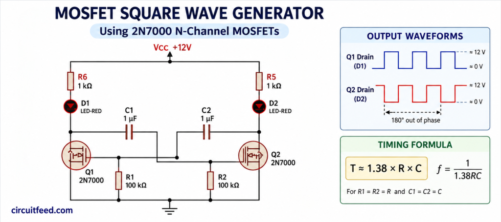 MOSFET square wave generator circuit using two 2N7000 MOSFETs with complementary outputs