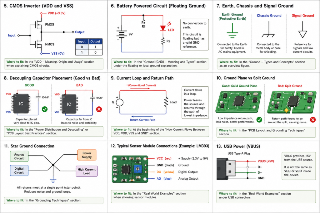 Ground Types, Current Return Paths and PCB Power Distribution Ground types, VDD VSS, current return path, decoupling capacitor placement and PCB grounding examples