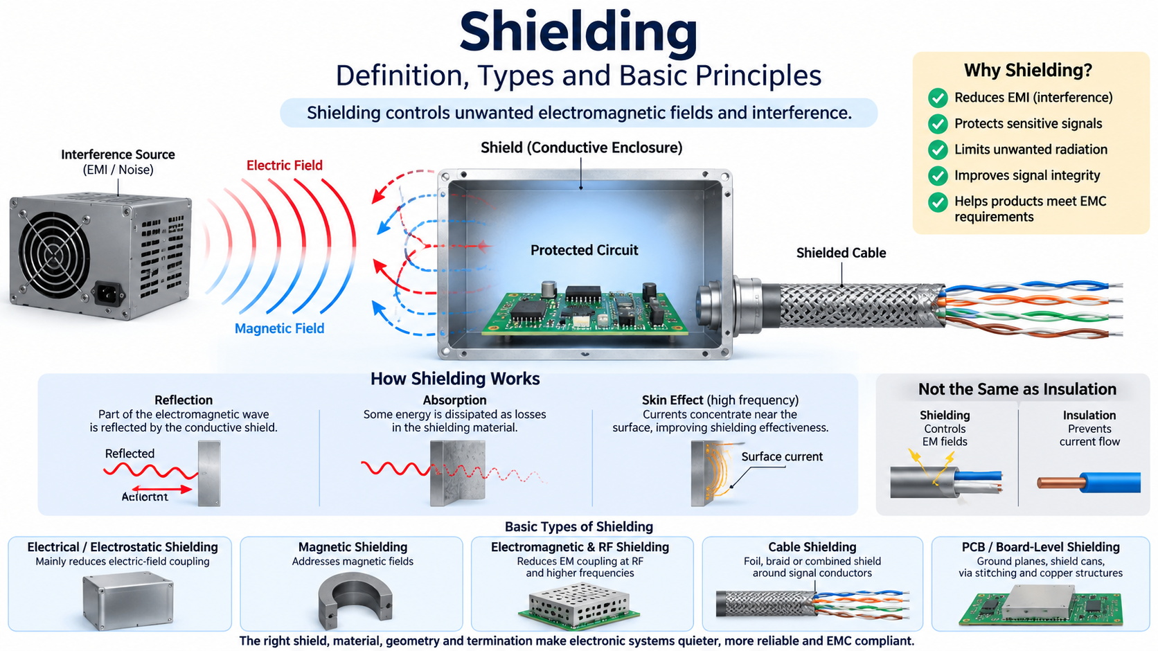 Shielding definition and types including electromagnetic, RF, cable, and PCB shielding