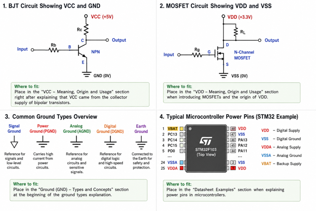 VCC, VDD, VSS and GND Basics with BJT and MOSFET Examples VCC vs VDD vs VSS vs GND comparison with BJT transistor, MOSFET and CMOS circuit examples